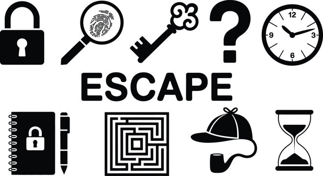 Escape room game and mystery investigation icons set isolated on white background.