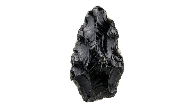 A sharp, pointed tool made from black obsidian volcanic glass, showing conchoidal fracture patterns, isolated on a clean white background