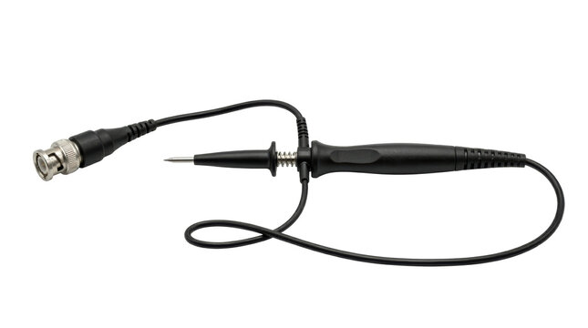 Black oscilloscope probe with bnc connector and sharp metal tip, isolated on a white background, for electronic testing, and measurement