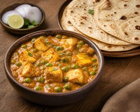 Delicious creamy matar paneer curry served in a rustic brown ceramic bowl with fresh hot rotis and sliced onion on a textured natural wooden table background