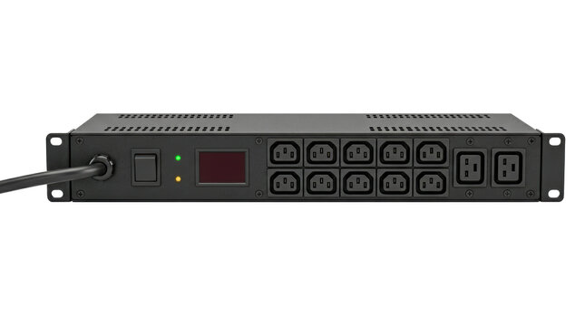 Black rack mount power distribution unit with multiple electrical outlets, a digital display, and a power switch on a white background