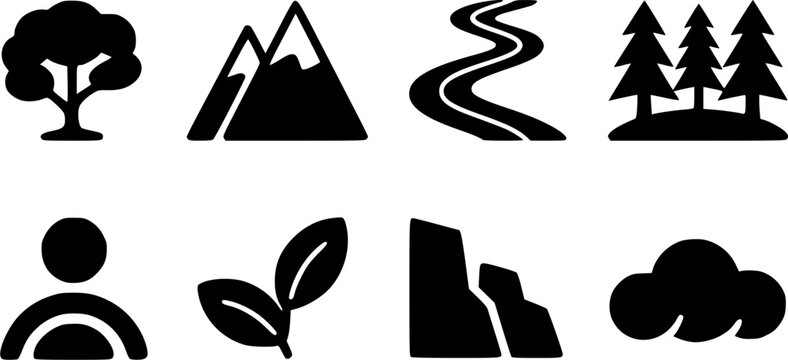 Nature landscape vector icon set with mountain tree forest river rock cliff leaf and cloud solid black silhouette elements isolated on white background for outdoor travel design
