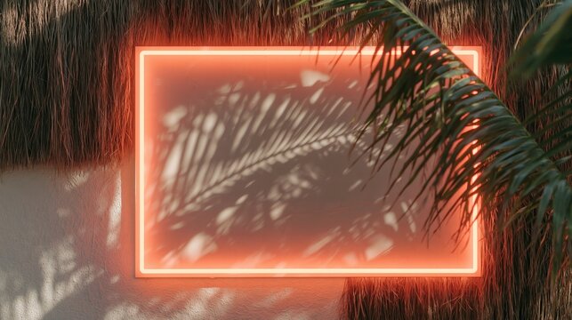 Glowing neon coral orange rectangular frame with palm leaf shadows on a textured wall, surrounded by natural straw elements in a tropical setting
