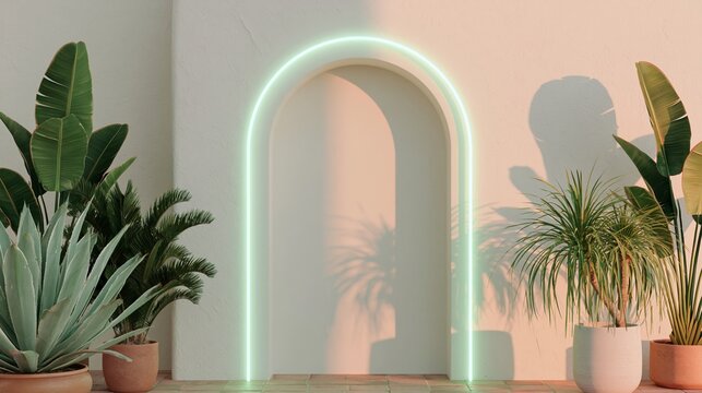 Glowing neon mint green arch-shaped frame surrounded by various potted plants on a tiled floor against a light-colored wall in a modern indoor setting