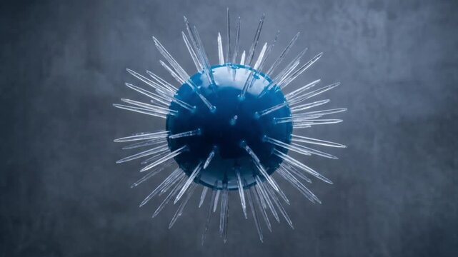 不透明な流体の球体から硬質な結晶の針が放射状に貫通し成長する状態変化の抽象CG