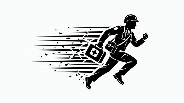 Paramedic running with first aid kit.