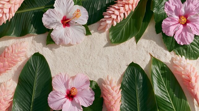 Tropical botanical frame featuring vibrant hibiscus flowers and lush green banana leaves arranged on a textured surface, ideal for nature-themed designs and backgrounds
