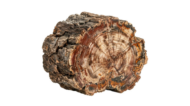 Cross section of a petrified wood log showing detailed tree rings, bark texture, and mineralized colors, isolated on a white background