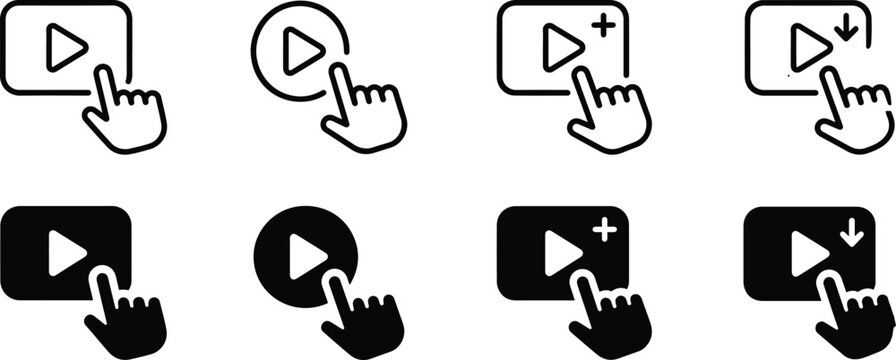 Set of vector illustrations featuring play button icons clicked by hand cursor, various styles and shapes.