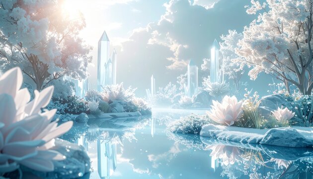 Luxury crystal garden with pearl-like reflections and pale blue gradient, elegant commercial background