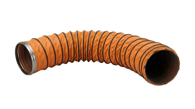 Flexible orange industrial ventilation duct hose with a black spiral wire reinforcement, isolated on a white background, for air extraction