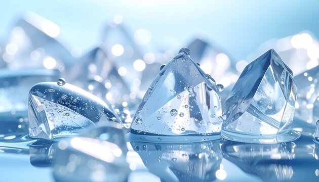 Water crystal formations with ultra-clear transparency and sparkling droplets, fresh clean background