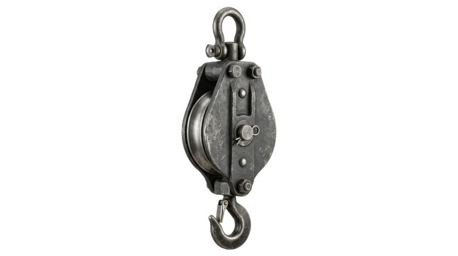 Heavy duty cast iron lifting pulley block with a metal hook and swivel shackle, isolated on a plain white background, for rigging equipment