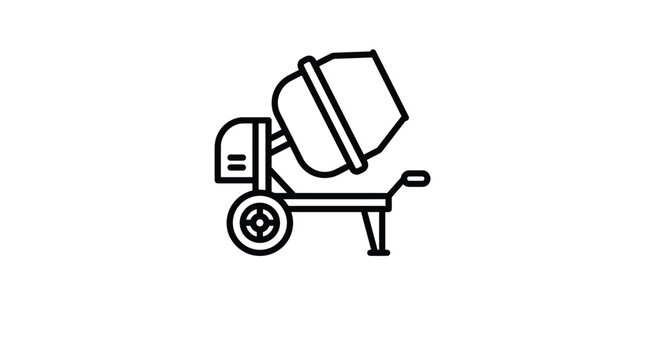 A simple black and white line art icon of a portable cement mixer.