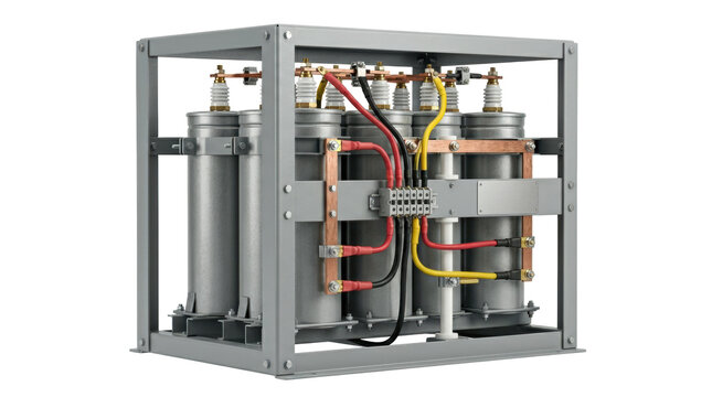 Industrial electrical capacitor bank with cylindrical units and colored wiring connections mounted in a grey metal frame on white
