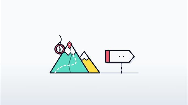 Mountain peak climbing route with compass and signpost for adventure planning and navigation icons in flat minimalist 2D animation style Travel infographic elements