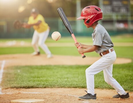 Young Baseball Player Swinging Bat at Ball During Game.