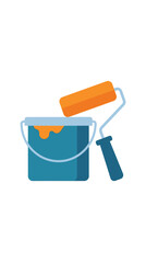 A flat vector illustration of a blue paint bucket with an orange paint roller. © taufikprasetyaaa