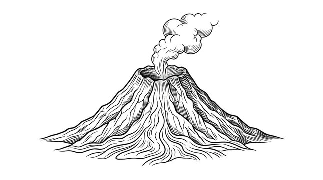 Erupting Volcano Illustration with Smoke in Black and White