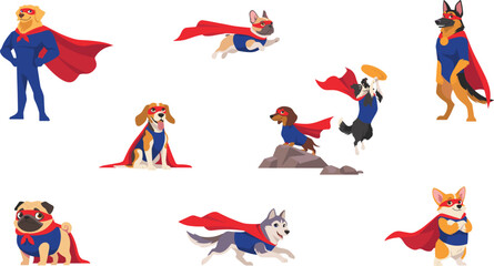 Superhero Dog Breeds Vector Character Set Wearing Red Capes and Masks Featuring Golden Retriever German Shepherd Corgi Pug French Bulldog and Husky © Abul