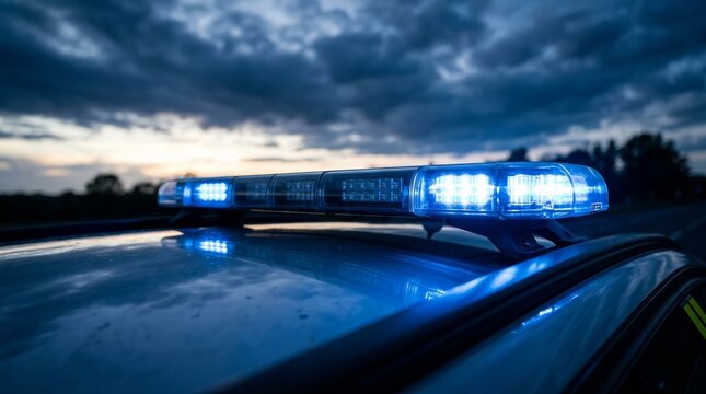 Blue emergency siren lights flashing on a British police vehicle.