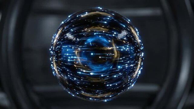 粘性をもつ流体の球体表面で発光粒子が静止状態から高速移動へ移行する抽象CG