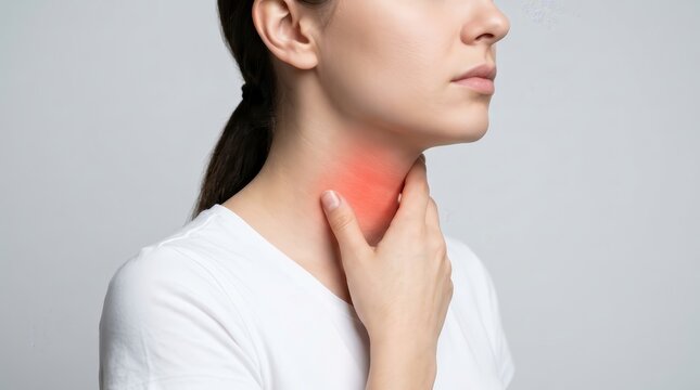 Health awareness concept showing a woman touching her neck to check for thyroid problems and hypothyroidism.