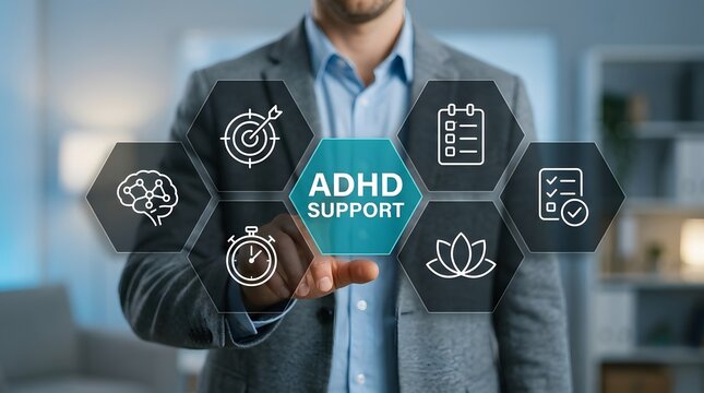 Businessman interacts with a digital interface featuring ADHD support including focus and planning tools to manage mental health challenges effectively within a modern office environment for patients.