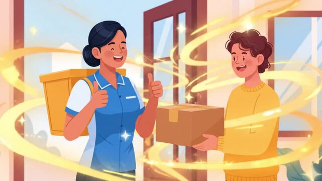 Friendly female courier delivering parcel box to male customer at the door animation