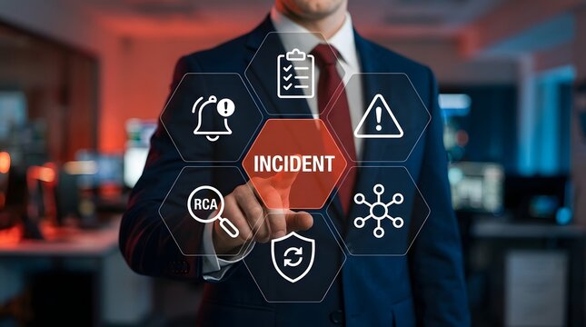 Businessman touches a virtual interface screen that features an incident management system with various icons for monitoring technical issues and network security within professional environments.
