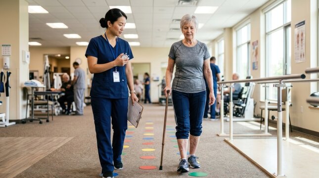 Female physical therapist assists elderly woman walking with cane in rehabilitation center