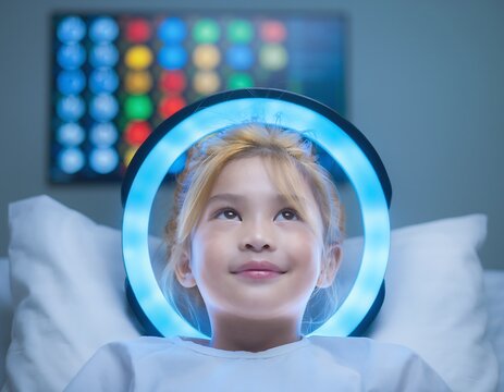 Young Girl Undergoing Futuristic Medical Scan with Glowing Halo Device.