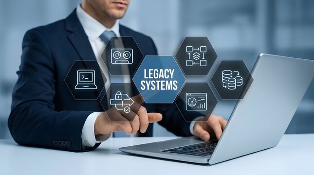 Businessman uses his laptop to navigate a complex digital interface displaying various icons that represent legacy systems and software infrastructure upgrades within a modern corporate office.