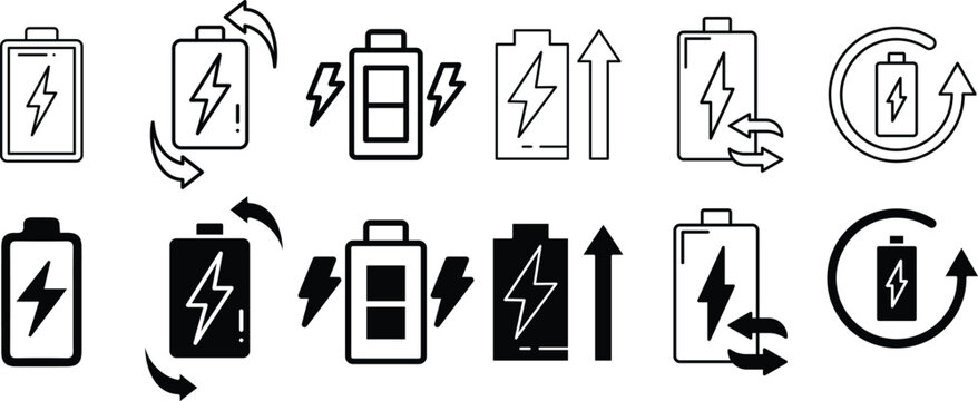 Battery charging and discharging flat line icon set with lightning bolt and circular arrows.
