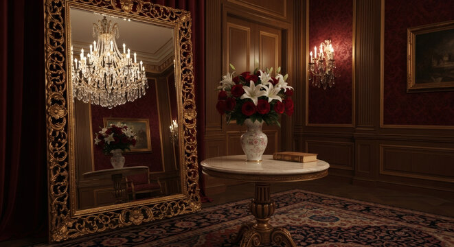 Luxuoso interior cl&aacute;ssico com espelho dourado, mesa redonda e arranjo floral elegante em um ambiente opulento e sofisticado.