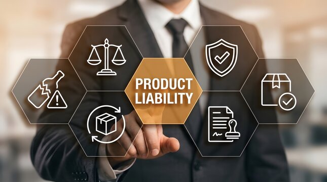 Businessman in a sharp suit interacts with a digital interface showcasing product liability concepts represented by glowing white icons to ensure corporate safety and total legal compliance standards.