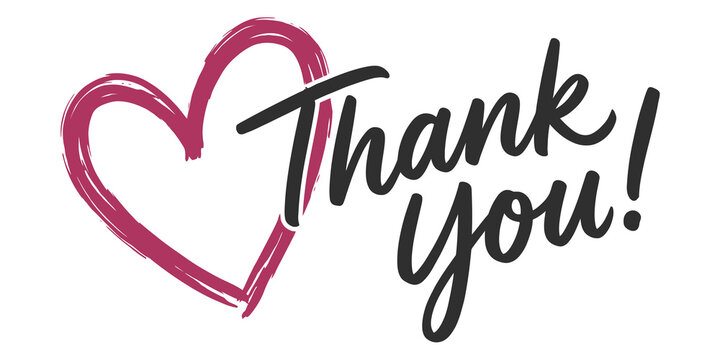 Handwritten thank you text with pink heart symbol for business customer appreciation greeting card or wedding note