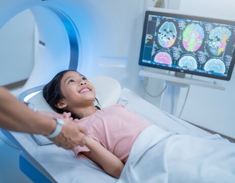Young Girl Undergoing Medical Scan in Modern Hospital Setting.