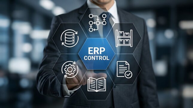 Businessman interacts with a glowing digital hexagonal interface displaying various erp control icons and data management symbols to represent modern enterprise resource planning systems.