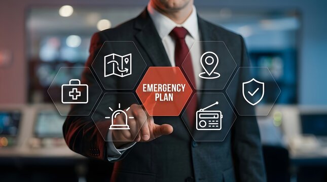 Businessman uses his finger to activate a glowing digital emergency plan interface featuring various icons like medical kits and alarms to ensure organizational safety during a critical crisis.