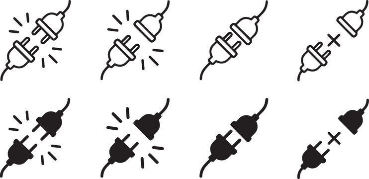 Plug and socket connection line icon set, electric cable and power outlet symbols.