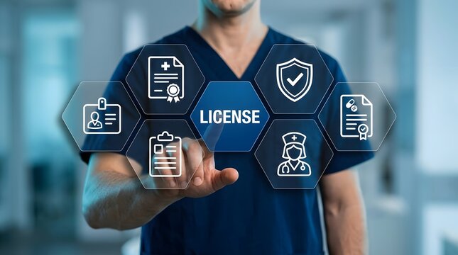 Doctor interacts with a virtual interface featuring icons representing certification and health license requirements to ensure compliance using advanced digital workflow technology solutions.