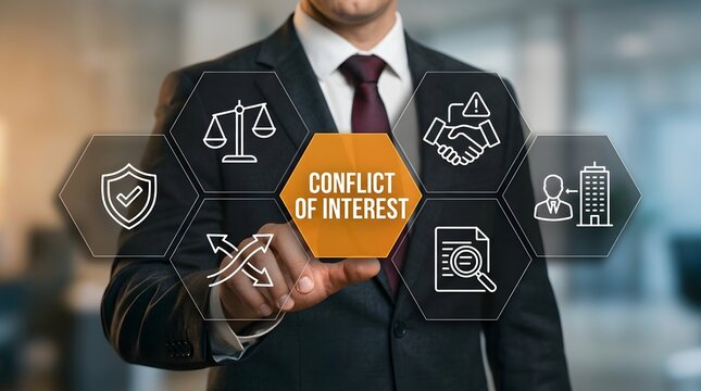 Businessman interacts with a glowing digital interface displaying a conflict of interest concept surrounded by essential icons representing legal ethics and professional integrity in management.