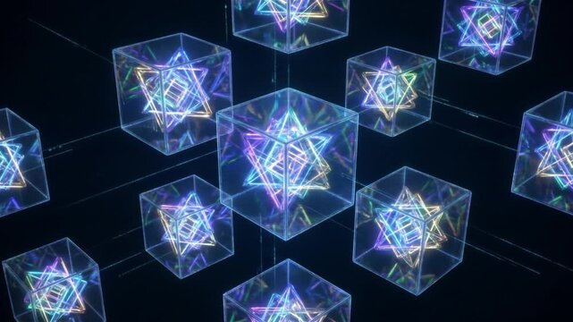 粗い不透明なブロックがスキャンで透明化し内部の多様な発光コアが現れる抽象CG