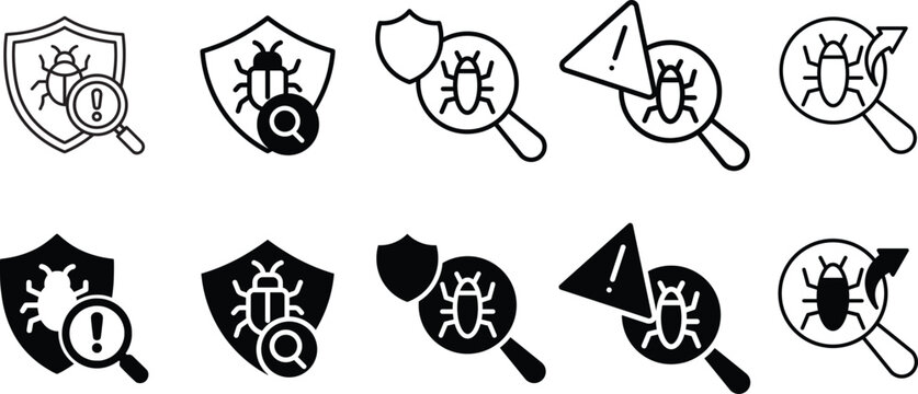 Bug finding and computer virus protection line icon set with shield, magnifier, and warning sign.