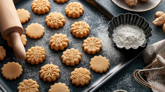 Assorted Butter Cookies with Flour and Baking Tools on Dark Surface