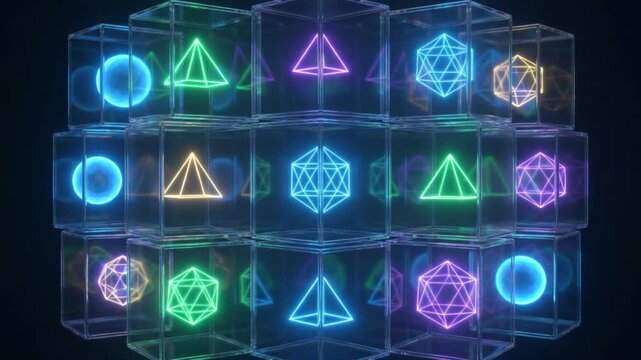 粗い不透明なブロックがスキャンで透明化し内部の多様な発光コアが現れる抽象CG