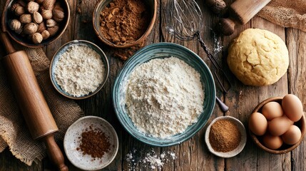 Fototapeta premium Flour, eggs, spices, and baking tools arranged on rustic wooden surface for baking preparation