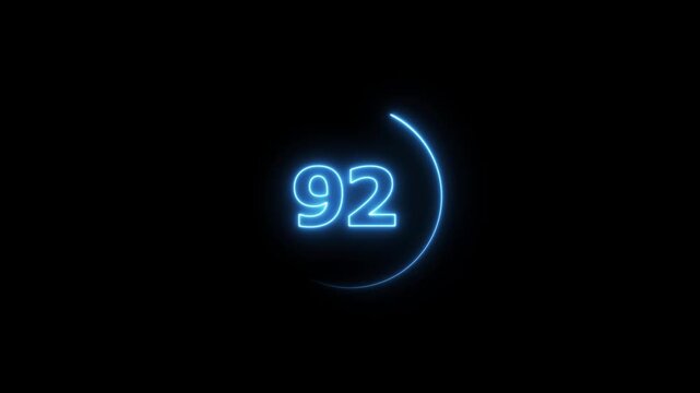Neon bright glowing countdown timer from 100 to 0 seconds. Neon glowing countdown timer 100 second animation. Neon Countdown on black background. Neon bright glowing countdown timer