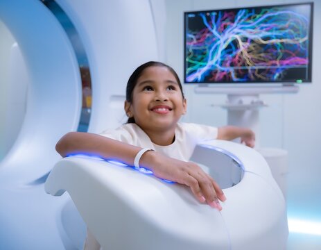 Young Girl Undergoing Medical Scan with Smiling Expression in Modern Hospital.